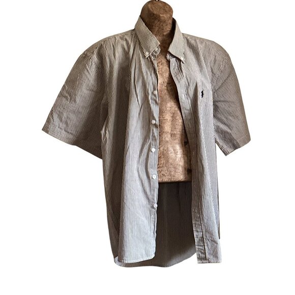 Ralph Lauren Striped Button-Down Short Sleeve Shirt XXL Cotton Brown/Cream - Picture 2 of 10